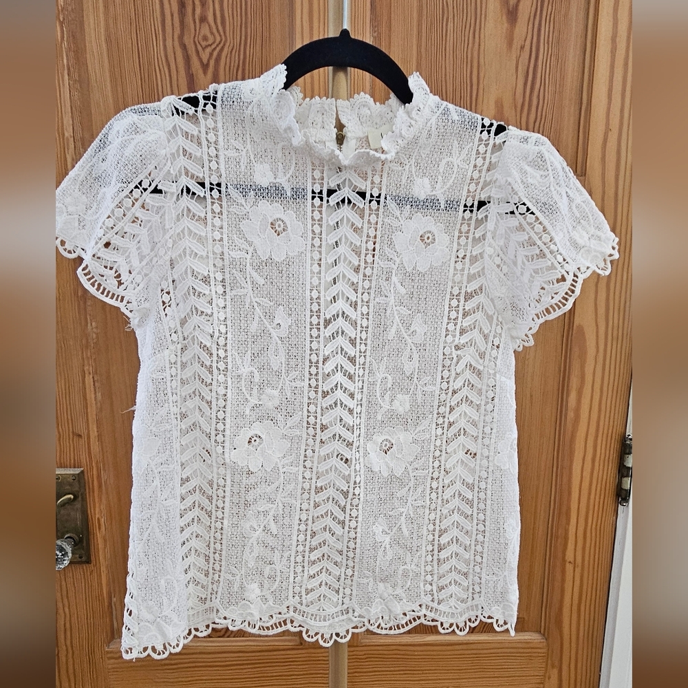LoveJ Lace See Through Flutter Sleeve Top with Zipper Back Size Small - Picture 2 of 5